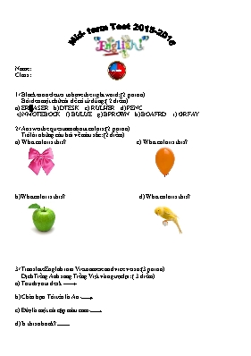 Đề kiểm tra học kỳ môn Tiếng Anh Lớp 2 - Năm học 2015-2016